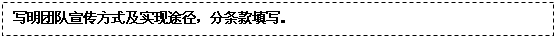 文本框: 写明团队宣传方式及实现途径，分条款填写。
