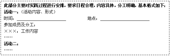 文本框: 此部分主要对实践过程进行安排，要求日程合理，内容具体，分工明确，基本格式如下：
      活动一：（活动内容、形式）
      时间：                       　　　　　地点：
      参加成员及分工：
      ×××：工作内容
      ……
      活动二：
      ……
      
