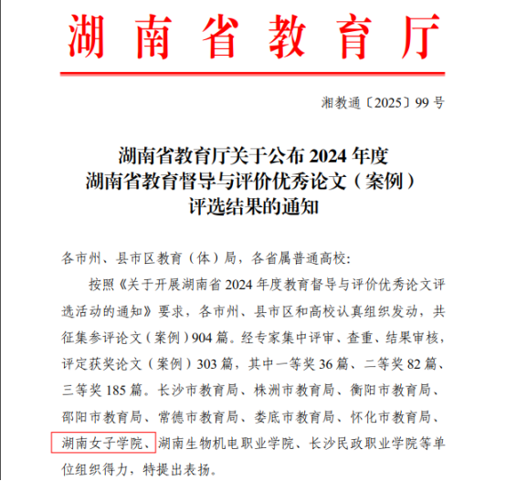我校教师在2024年度湖南省教育督导与评价优秀论文评选中喜获佳绩